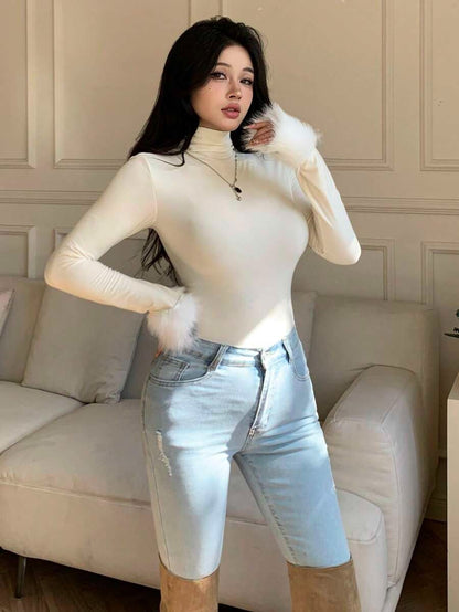 Women's Long Sleeve High Neck Bodycon Base Layer Top with Colorful Animal Prints