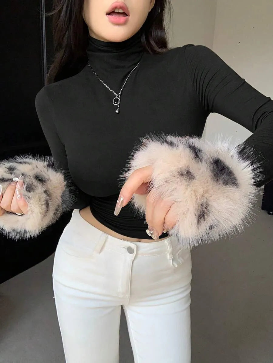 Women's Long Sleeve High Neck Tiger Print Patchwork Fleece T-Shirt