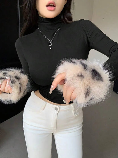 Women's Long Sleeve High Neck Tiger Print Patchwork Fleece T-Shirt