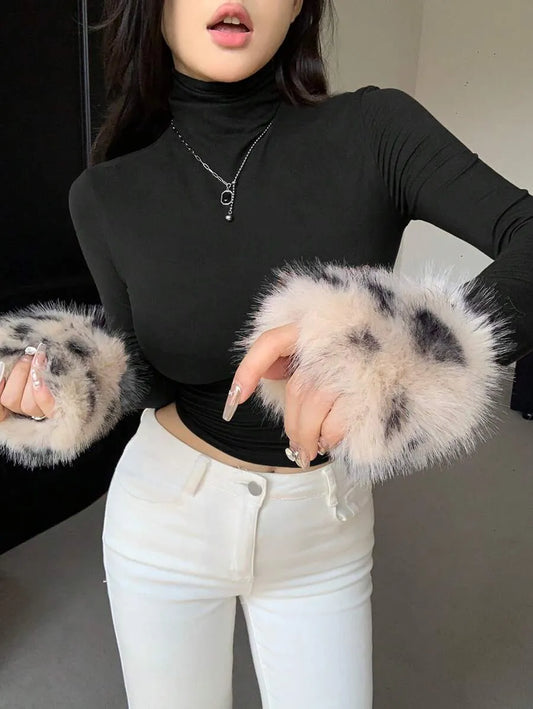 Women's Long Sleeve High Neck Tiger Print Patchwork Fleece T-Shirt