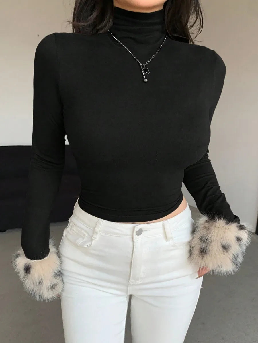 Women's Long Sleeve High Neck Tiger Print Patchwork Fleece T-Shirt