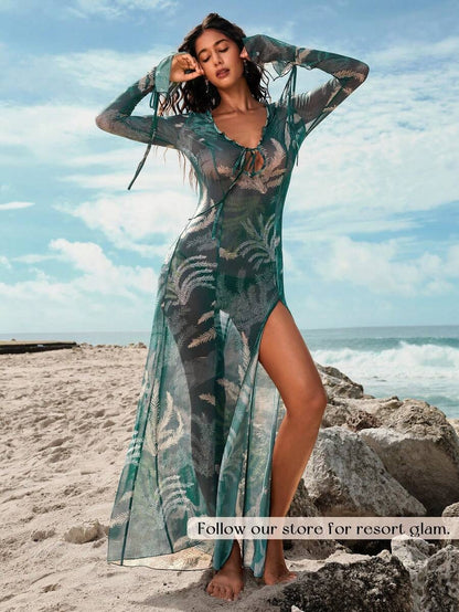 Women's Long Sleeve V-Neck Dress, Printed Knit with Side Slit