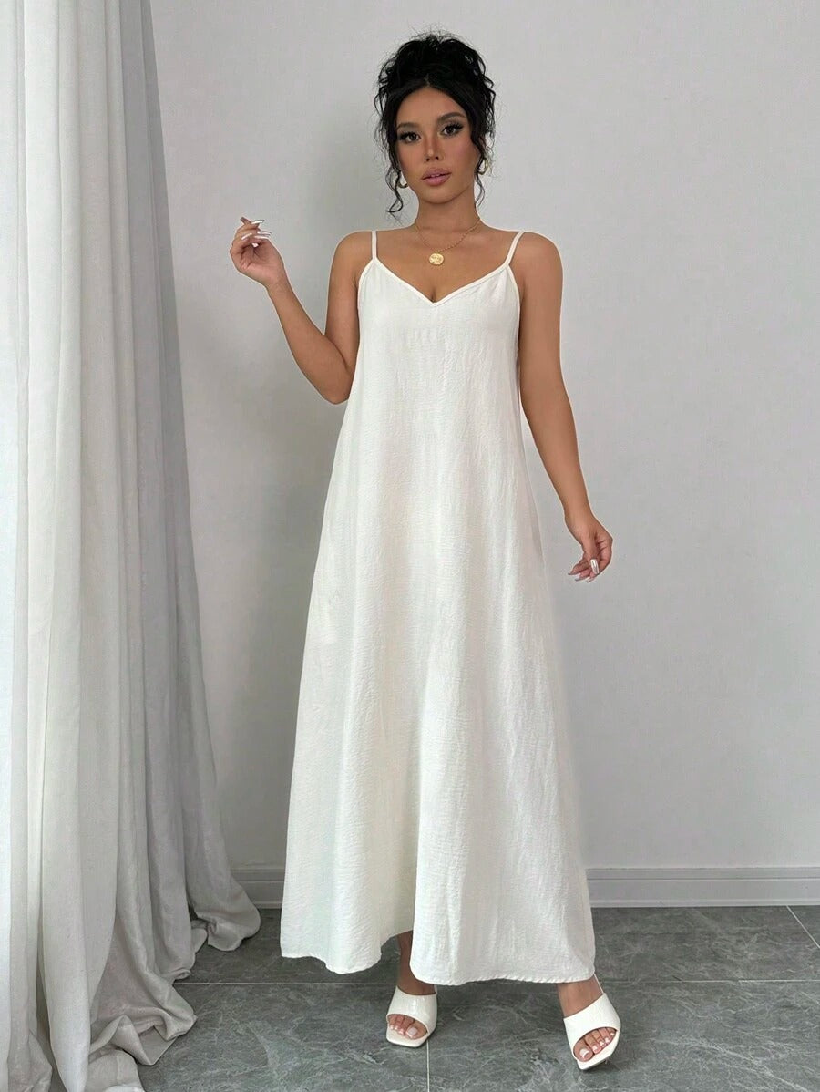 Women's Long White Loose Cami Dress with Adjustable Straps, Maxi Dress