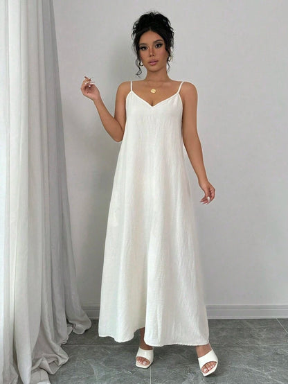 Women's Long White Loose Cami Dress with Adjustable Straps, Maxi Dress