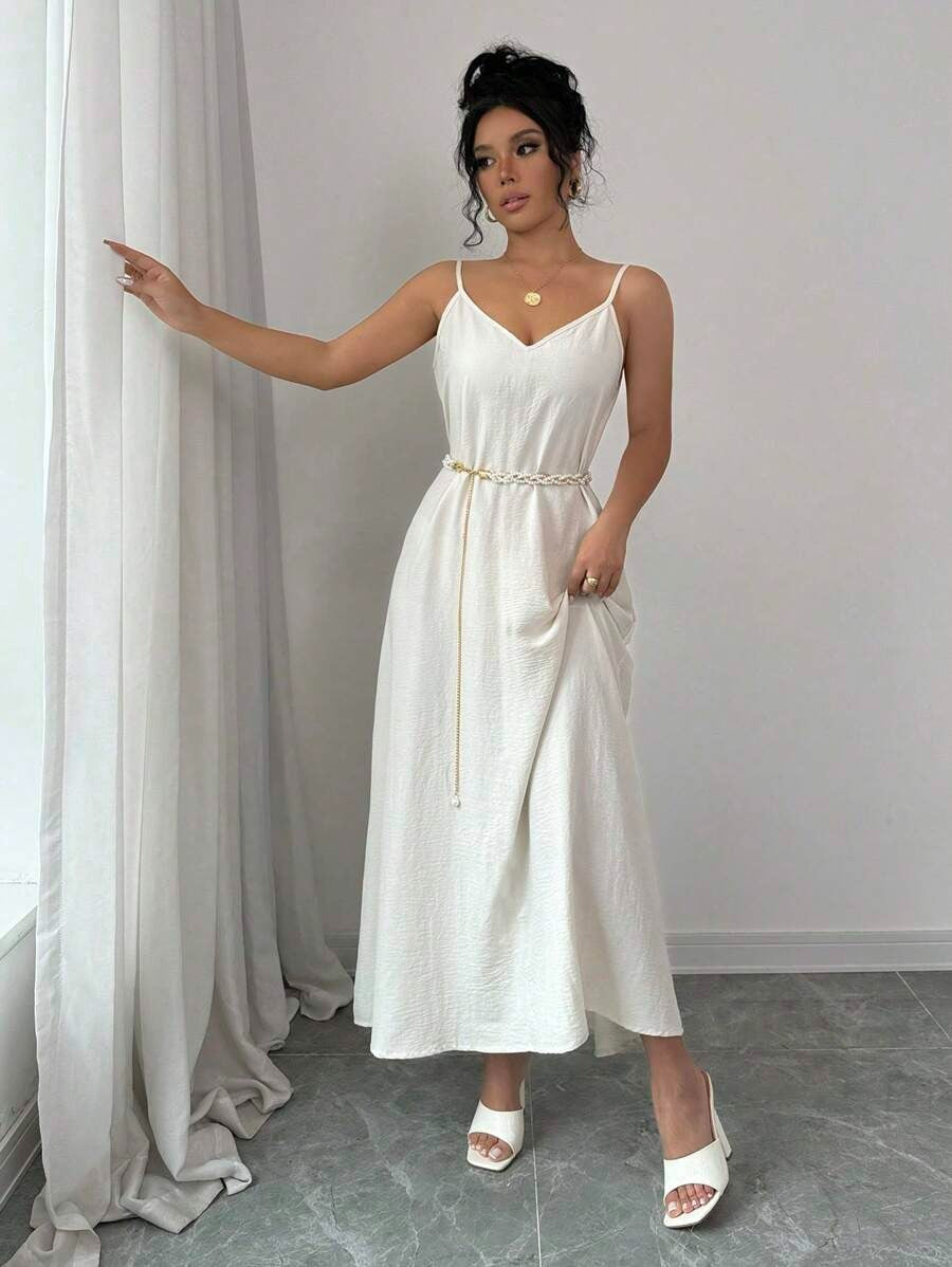 Women's Long White Loose Cami Dress with Adjustable Straps, Maxi Dress