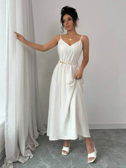 Women's Long White Loose Cami Dress with Adjustable Straps, Maxi Dress