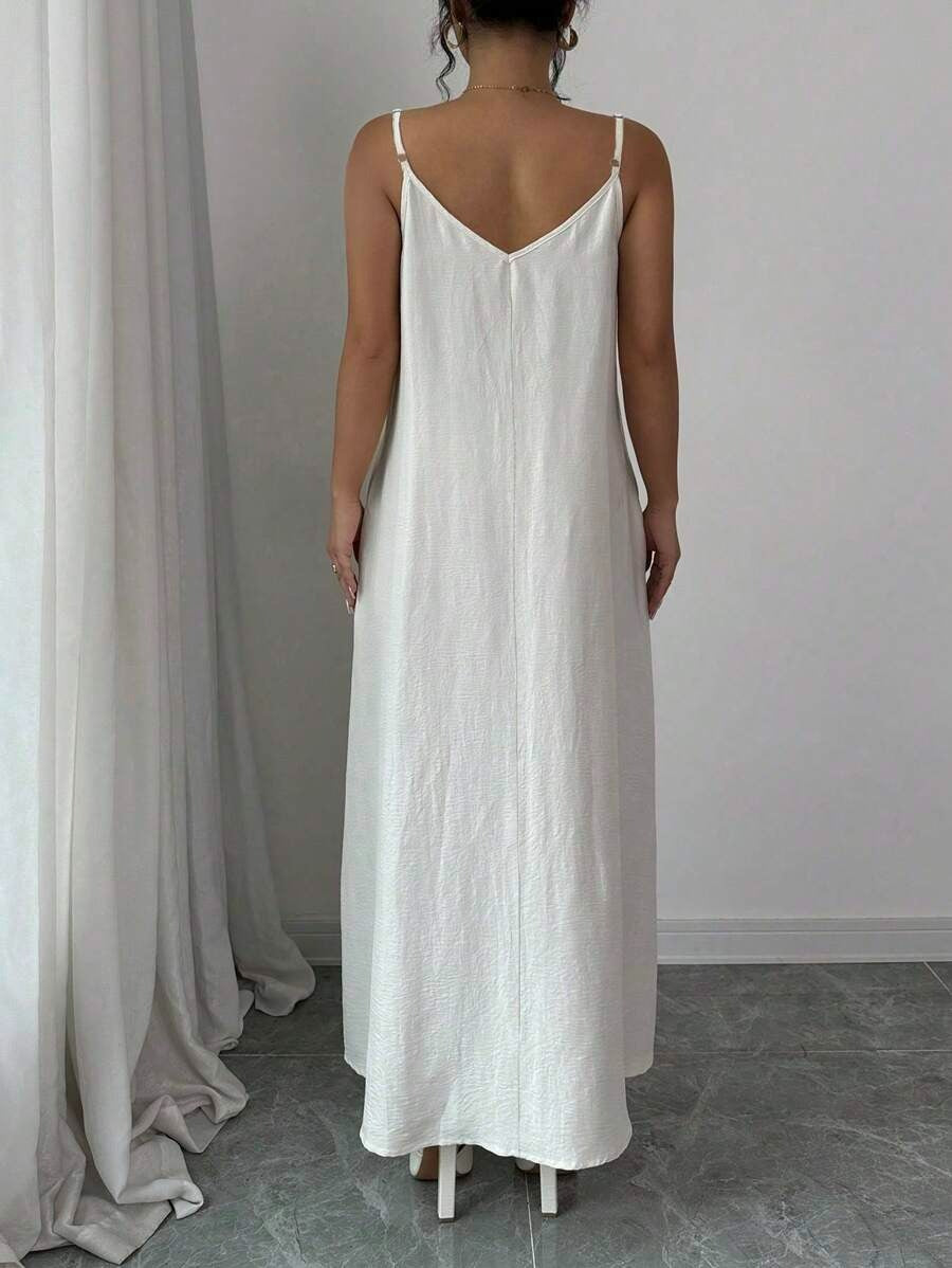 Women's Long White Loose Cami Dress with Adjustable Straps, Maxi Dress