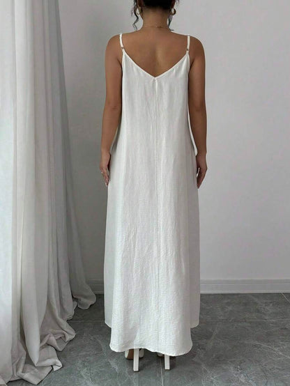 Women's Long White Loose Cami Dress with Adjustable Straps, Maxi Dress