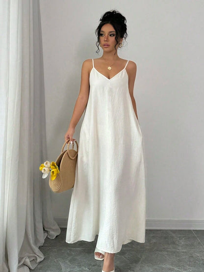 Women's Long White Loose Cami Dress with Adjustable Straps, Maxi Dress