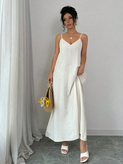 Women's Long White Loose Cami Dress with Adjustable Straps, Maxi Dress