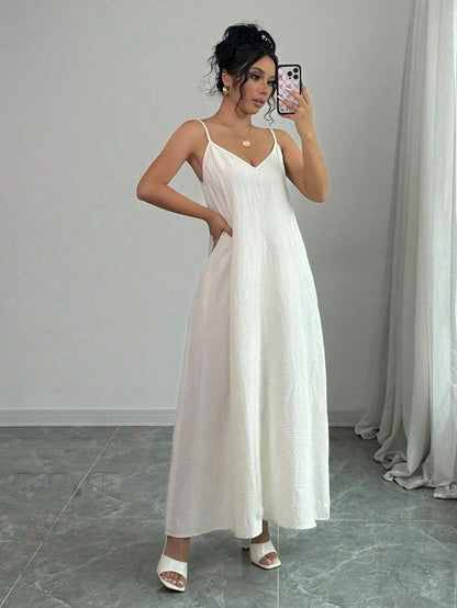 Women's Long White Loose Cami Dress with Adjustable Straps, Maxi Dress