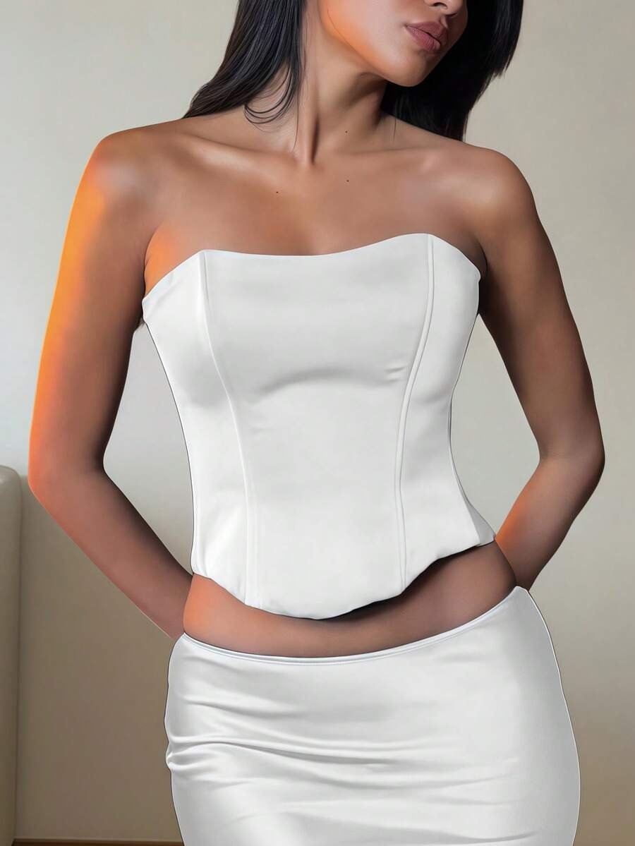Women’s Matte Satin Bustier Top – Off-Shoulder, Lace-Up Back, Metallic Detail