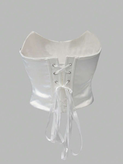 Women’s Matte Satin Bustier Top – Off-Shoulder, Lace-Up Back, Metallic Detail