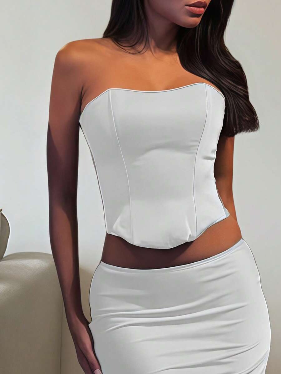 Women’s Matte Satin Bustier Top – Off-Shoulder, Lace-Up Back, Metallic Detail