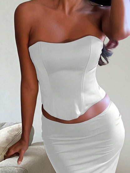 Women’s Matte Satin Bustier Top – Off-Shoulder, Lace-Up Back, Metallic Detail