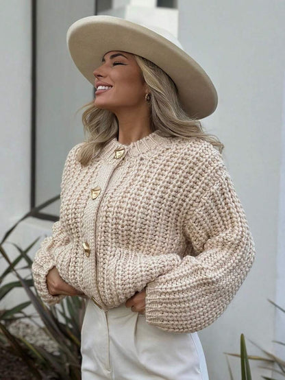 Women's O-Neck Wool Sweater Long Sleeve Classic Knit with Pockets