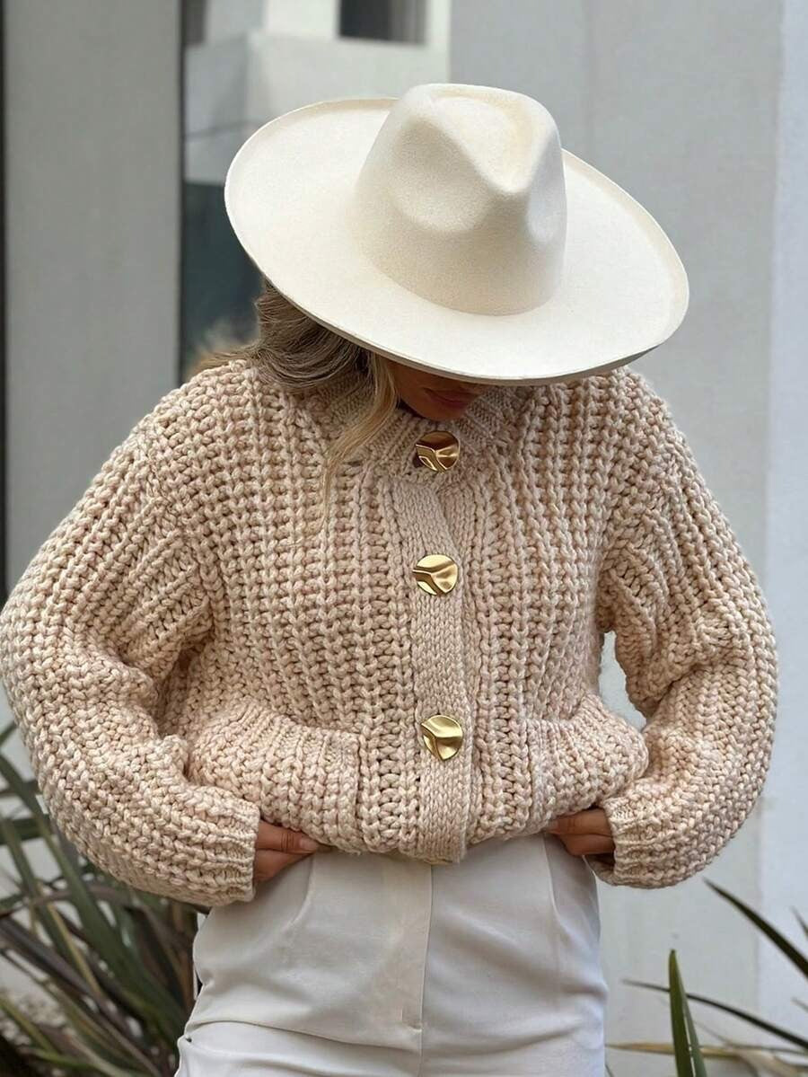 Women's O-Neck Wool Sweater Long Sleeve Classic Knit with Pockets