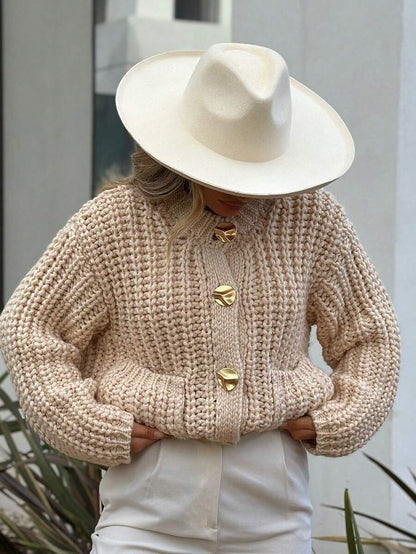 Women's O-Neck Wool Sweater Long Sleeve Classic Knit with Pockets