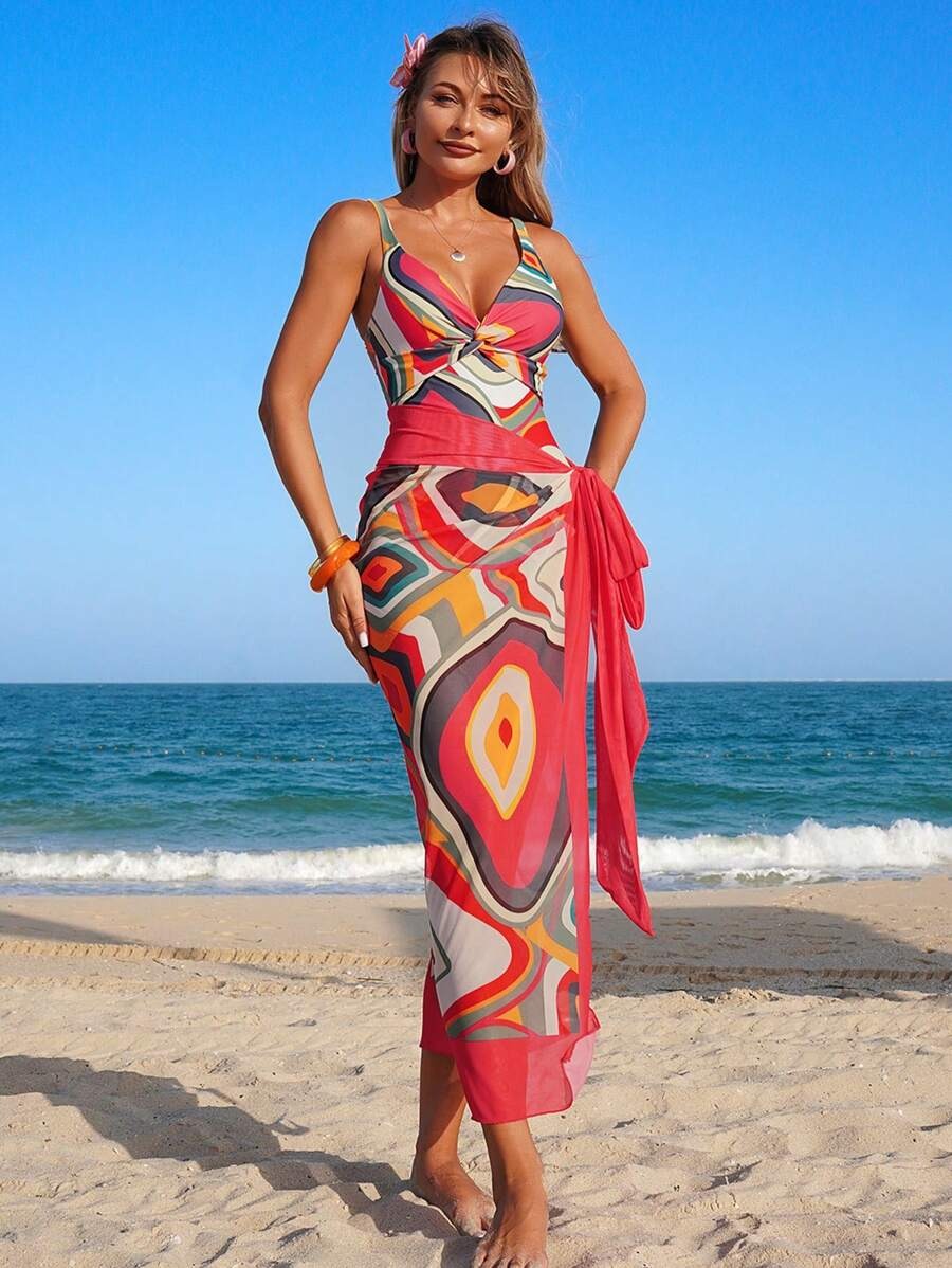 Women’s One-Piece Swimsuit & Beach Skirt Set – Printed Knot, Mesh & Back Straps