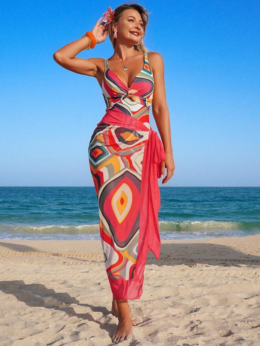 Women’s One-Piece Swimsuit & Beach Skirt Set – Printed Knot, Mesh & Back Straps