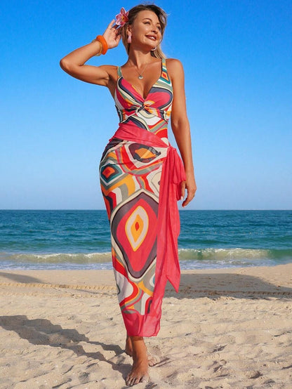 Women’s One-Piece Swimsuit & Beach Skirt Set – Printed Knot, Mesh & Back Straps