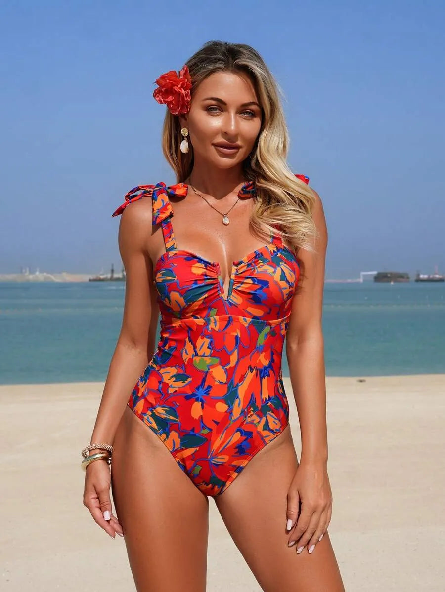 Women's One-Piece Swimsuit with Random Floral Print and Sexy V-Neck