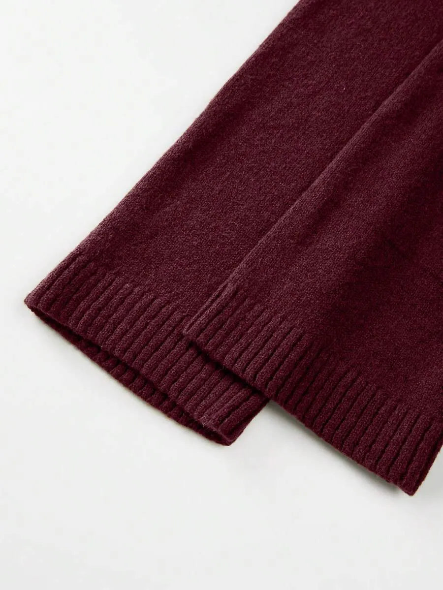 Women's Red Crew Neck Ribbed Knit Cardigan, Loose Fit Jacket with Metal Buttons