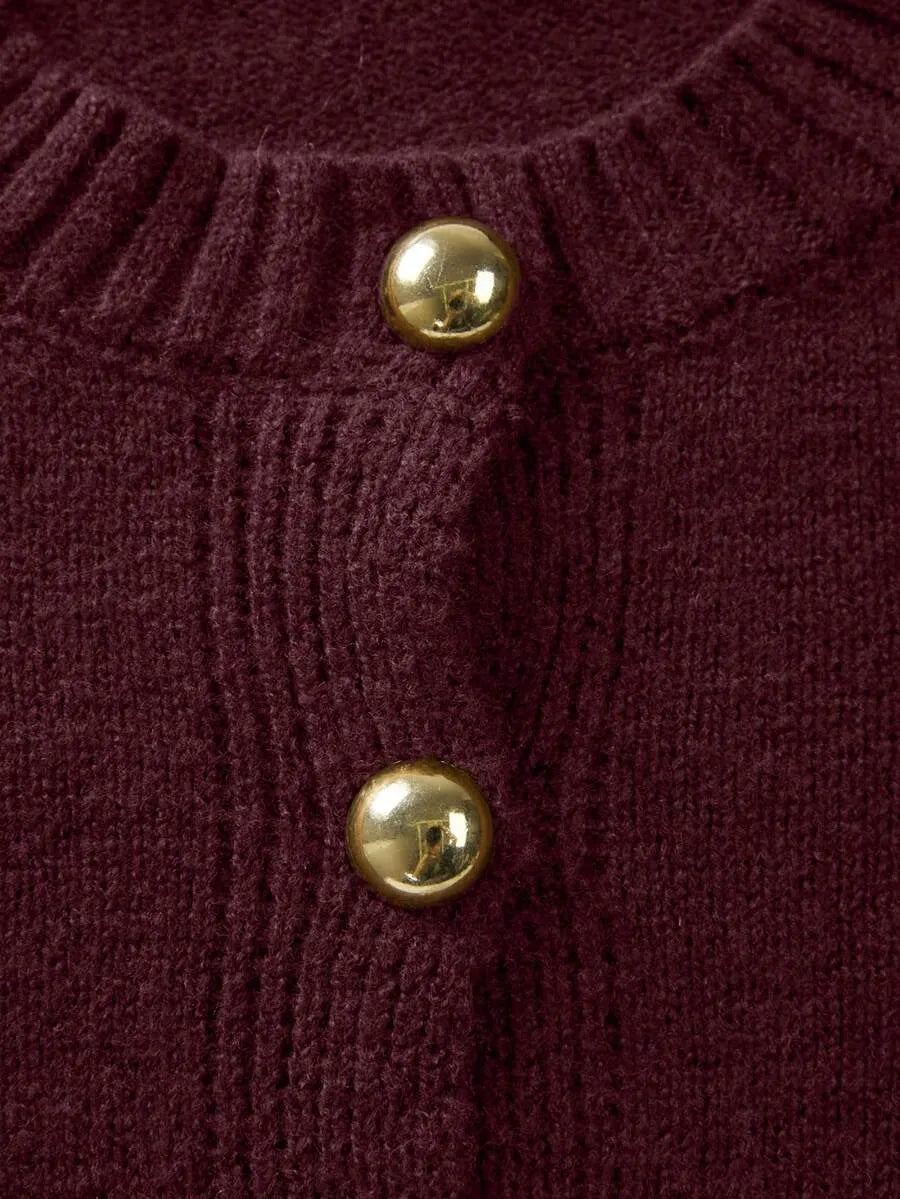Women's Red Crew Neck Ribbed Knit Cardigan, Loose Fit Jacket with Metal Buttons