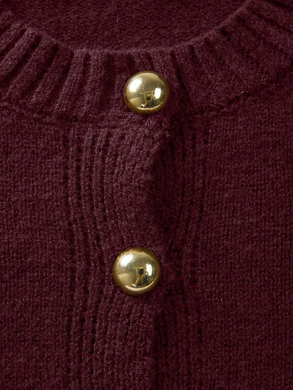 Women's Red Crew Neck Ribbed Knit Cardigan, Loose Fit Jacket with Metal Buttons