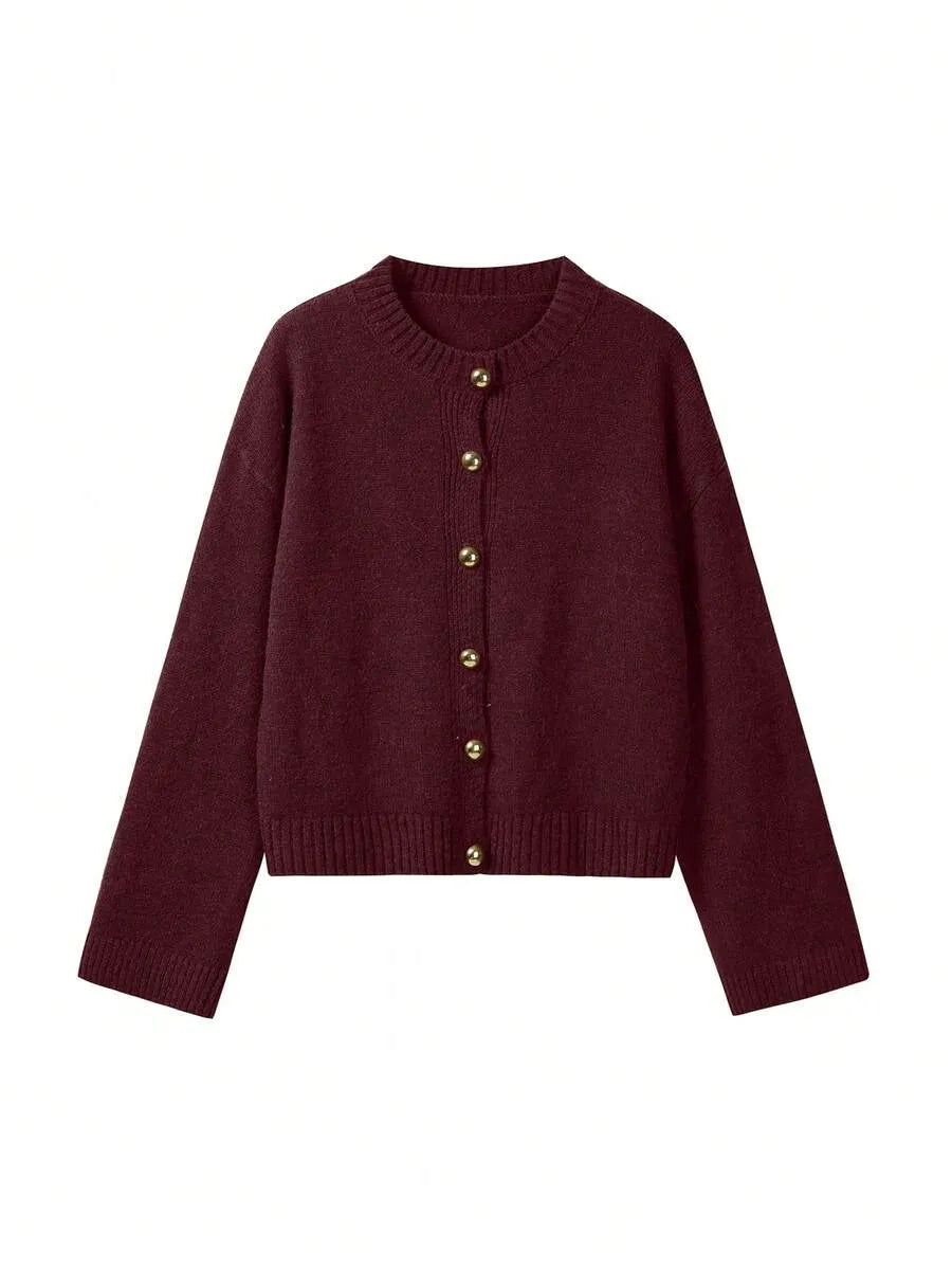 Women's Red Crew Neck Ribbed Knit Cardigan, Loose Fit Jacket with Metal Buttons