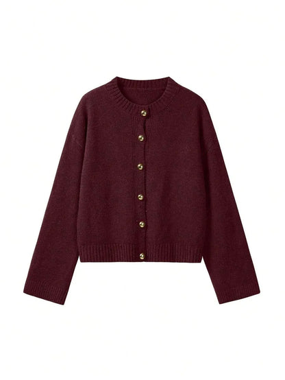 Women's Red Crew Neck Ribbed Knit Cardigan, Loose Fit Jacket with Metal Buttons