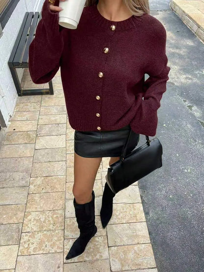 Women's Red Crew Neck Ribbed Knit Cardigan, Loose Fit Jacket with Metal Buttons