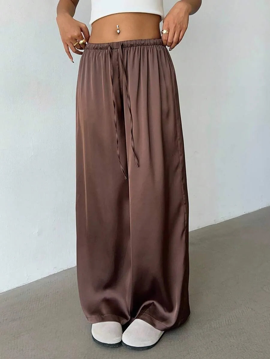Women’s Retro Satin Wide-Leg Trousers – Low Waist, Marl Brown Bohemian Style