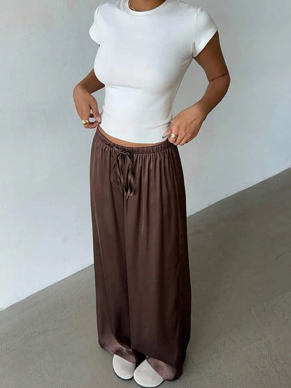 Women’s Retro Satin Wide-Leg Trousers – Low Waist, Marl Brown Bohemian Style