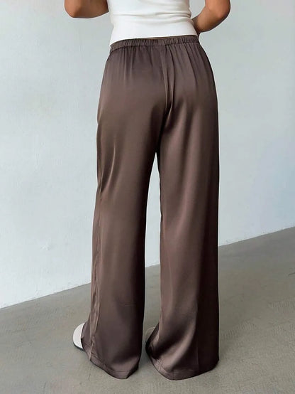 Women’s Retro Satin Wide-Leg Trousers – Low Waist, Marl Brown Bohemian Style