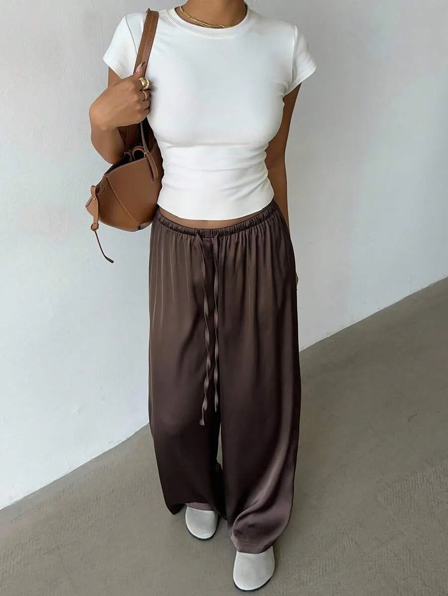 Women’s Retro Satin Wide-Leg Trousers – Low Waist, Marl Brown Bohemian Style