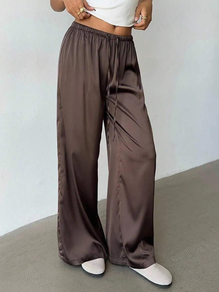 Women’s Retro Satin Wide-Leg Trousers – Low Waist, Marl Brown Bohemian Style