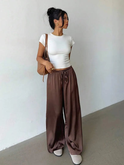 Women’s Retro Satin Wide-Leg Trousers – Low Waist, Marl Brown Bohemian Style