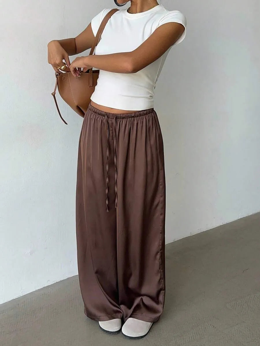 Women’s Retro Satin Wide-Leg Trousers – Low Waist, Marl Brown Bohemian Style