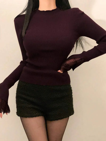 Women’s Ribbed Crew Neck Sweater – Long Sleeve, Dark Purple