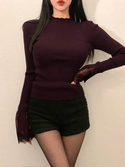 Women’s Ribbed Crew Neck Sweater – Long Sleeve, Dark Purple