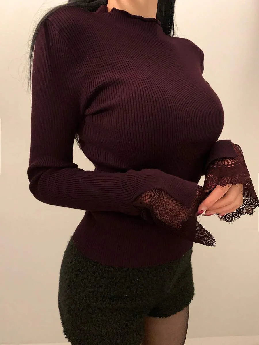 Women’s Ribbed Crew Neck Sweater – Long Sleeve, Dark Purple