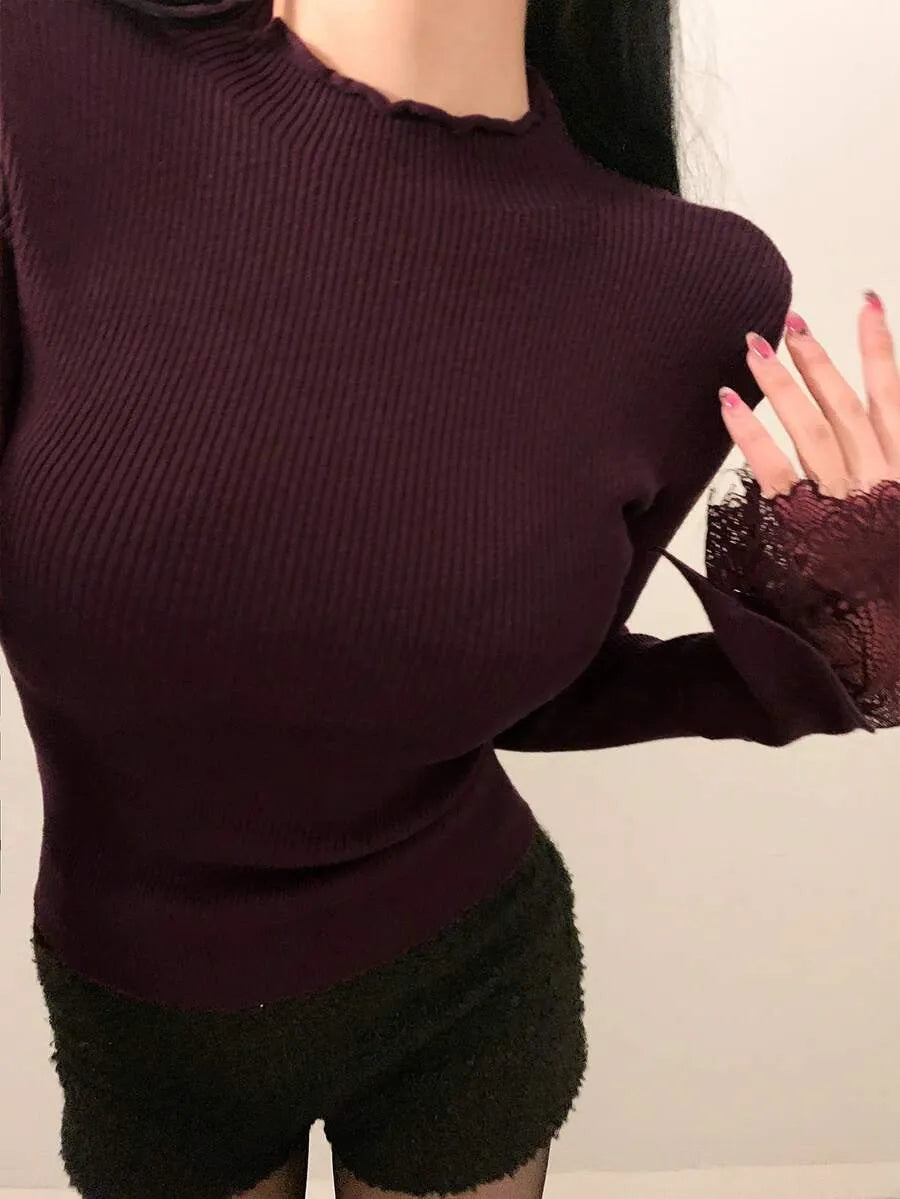 Women’s Ribbed Crew Neck Sweater – Long Sleeve, Dark Purple