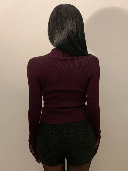 Women’s Ribbed Crew Neck Sweater – Long Sleeve, Dark Purple