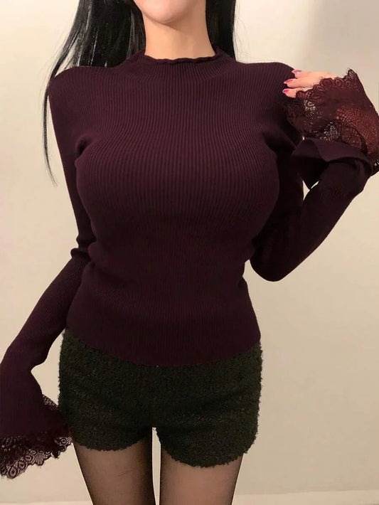 Women’s Ribbed Crew Neck Sweater – Long Sleeve, Dark Purple