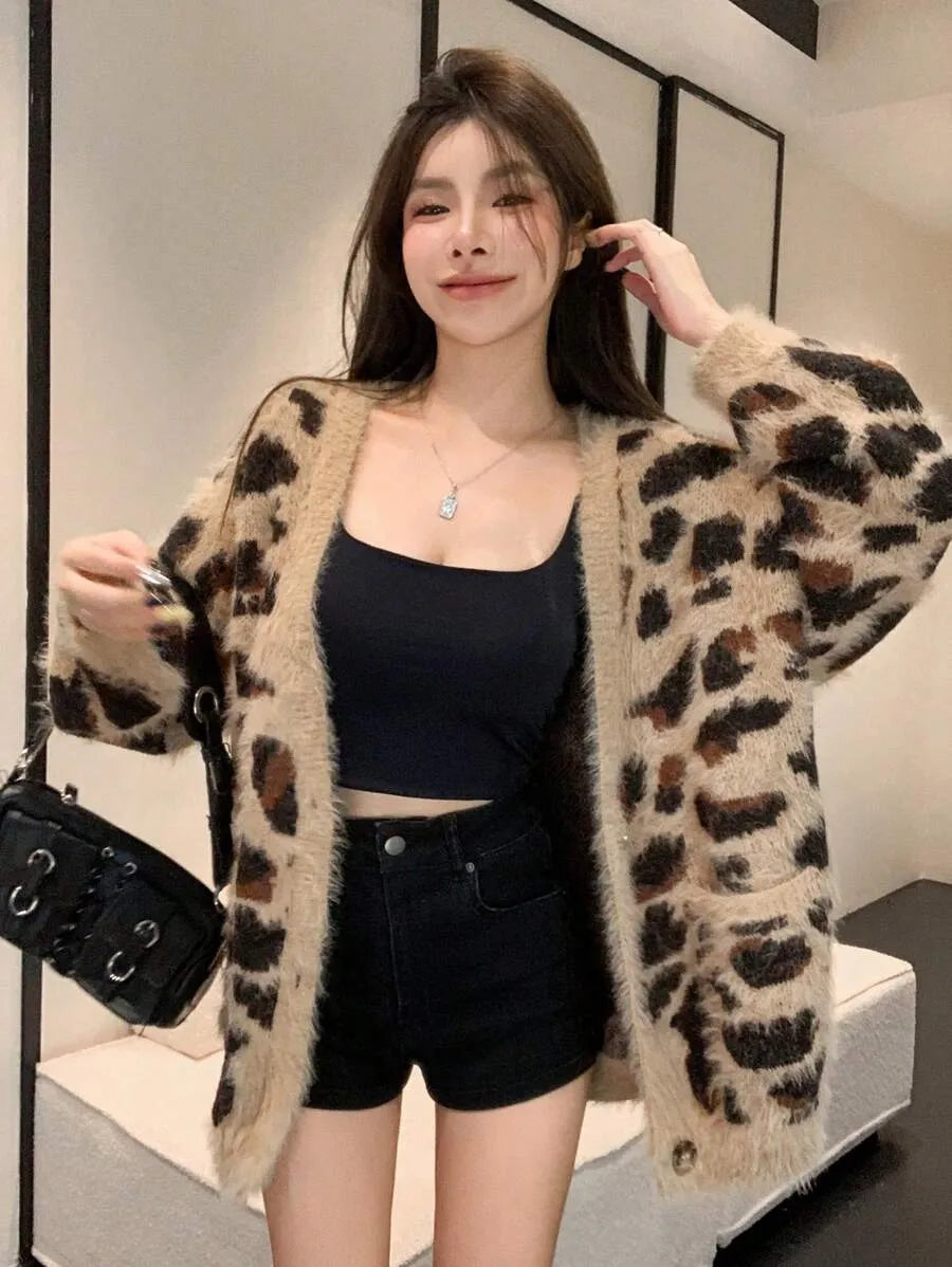 Women's Sexy Loose Fit Leopard Print V-Neck Cardigan