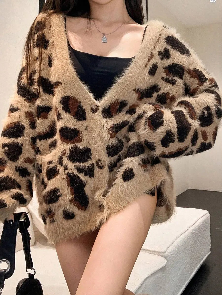 Women's Sexy Loose Fit Leopard Print V-Neck Cardigan