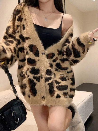 Women's Sexy Loose Fit Leopard Print V-Neck Cardigan
