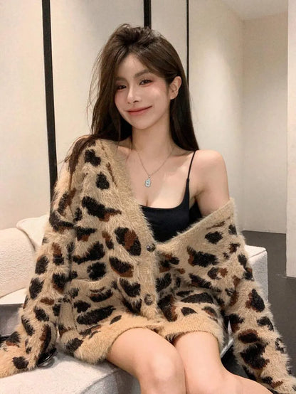 Women's Sexy Loose Fit Leopard Print V-Neck Cardigan