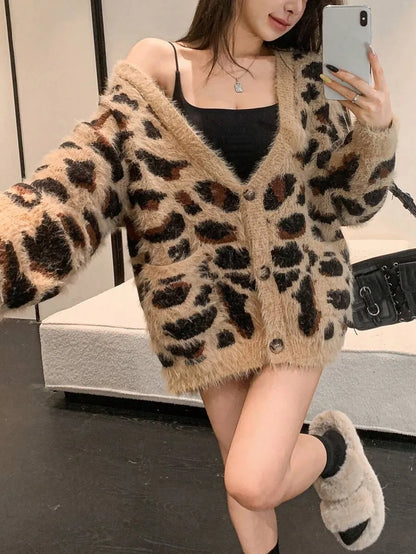 Women's Sexy Loose Fit Leopard Print V-Neck Cardigan